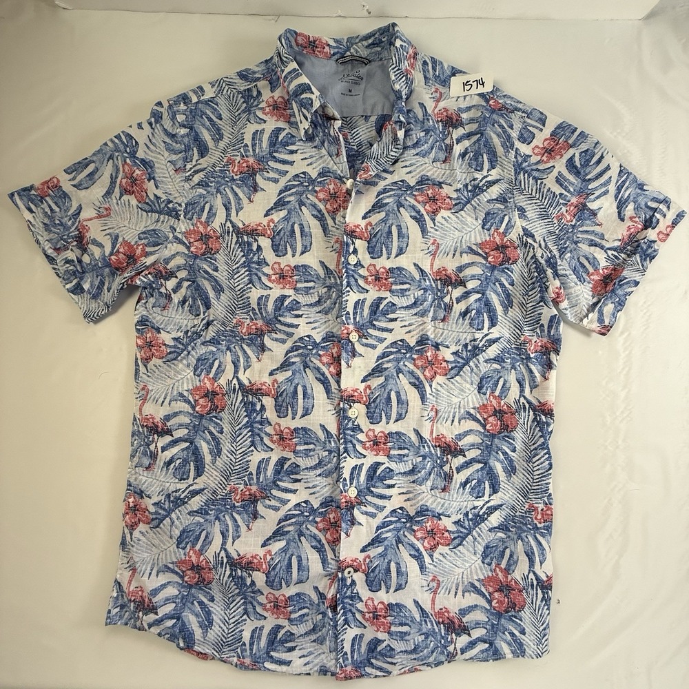 IZOD Saltwater Men M Tropical Flamingo Hibiscus Hawaiian Shirt 100% Cotton